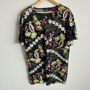 Sheer mini dress with embroidered flowers